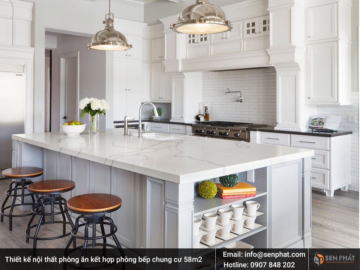 Thiết kế nội thất phòng ăn kết hợp phòng bếp chung cư 58m2